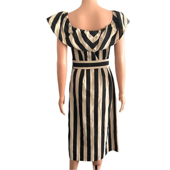 Moon River Black Tan Stripe Linen Cotton off the shoulder Dress Pockets SZ M - Picture 3 of 11